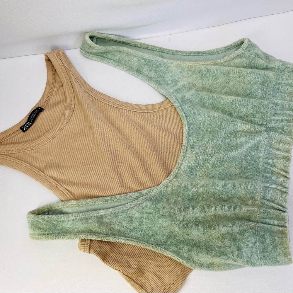Zara Women's Tan and Green Tank Tops